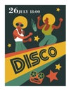 Poster music festival, retro party in the style of the 70`s, 80`s. Vector illustration with stylish musicians characters.